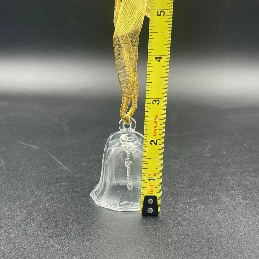 Vintage Clear Faceted Glass Crystal Christmas Bell Ornament Gold Hanging Ribbon